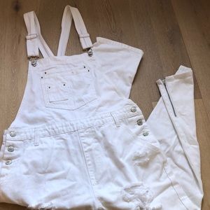White long distressed overalls